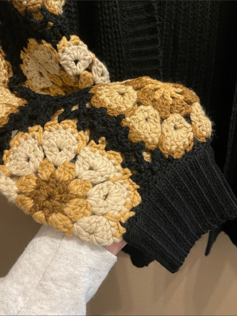ADORA Black Cardigan with Cream and Brown Crochet Sleeve Accents - Picture 2 of 8